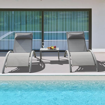 Outdoor Chaise Lounge Set of 3, Aluminum Patio Outdoor Lounge Chair for Beach Pool Sunbathing, Adjustable Lawn Lounger Recliner Chair Outside Tanning Chairs with Armrest, with Side Table, Grey