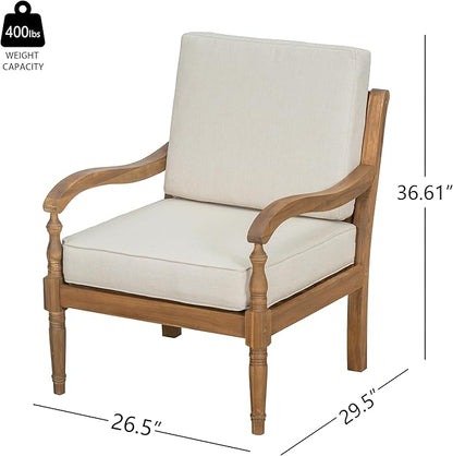 Christopher Knight Home Pyosik Acacia Wood Patio Chair, Comfy Armchair with Thick Cushions, Comfort Seating for Garden Backyard Poolside, Wooden Lounge Chair Outdoor with Armrest, Beige + Natural