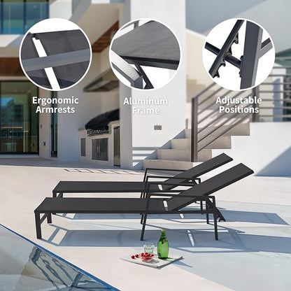 Aluminum Chaise Lounge Chairs Set of 2,5 Adjustable Outdoor Lounge Chaise Chairs,Patio Chaise Lounge with Armrests,for Beach Poolside,Balcony,Yard(Black)