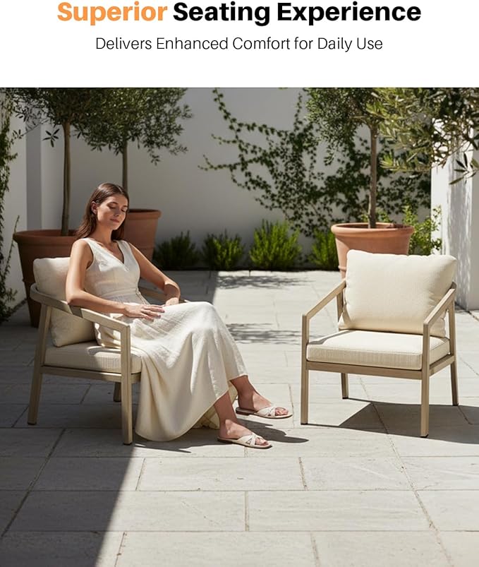 Patio Sofa Chairs Set of 2, Never-Rust Aluminum Outdoor Armchair with Thick Cushions, All Weather 2 Pieces Outdoor Club Chairs, Outdoor Sofa Chairs for Deck, Backyard, Porch, Gray Oak | Never-Rust, Wood-Grain Texture, Wraparound Design, All Weather, Re...