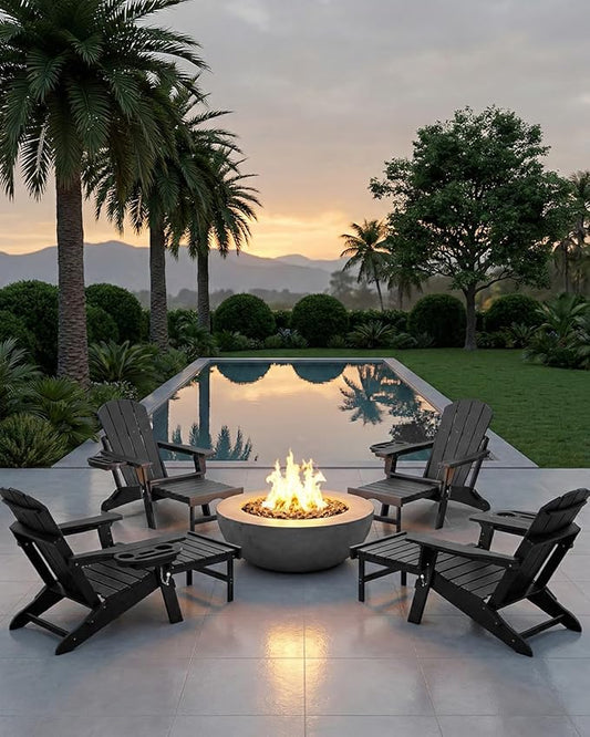 Adjustable Adirondack Chair with Retractable Ottoman, HDPE Folding Adirondack Chair with Cup Holder, All Weather Fire Pit Chair for Outdoor.