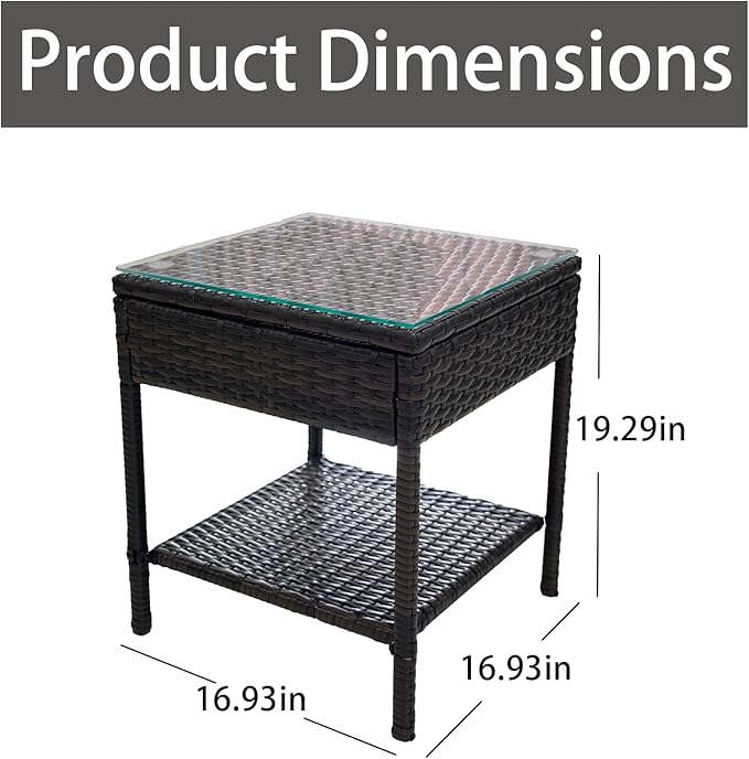 Outdoor Patio Wicker Table,Rattan Side Table,Modern Patio End Side Table with Glass Countertop and Storage Space,for Porch Garden Balcony