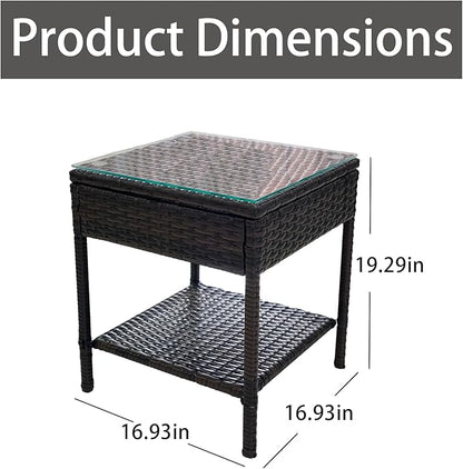 Outdoor Patio Wicker Table,Rattan Side Table,Modern Patio End Side Table with Glass Countertop and Storage Space,for Porch Garden Balcony
