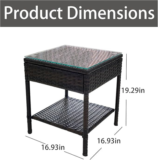 Outdoor Patio Wicker Table,Rattan Side Table,Modern Patio End Side Table with Glass Countertop and Storage Space,for Porch Garden Balcony