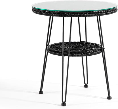 Furniture of America Ysar Boho 19-inch Round Coffee Table Outdoor with Tempered Glass Top and Metal Frame, Handcrafted Coastal Furniture for Patio, Poolside, Garden, Yard, Black