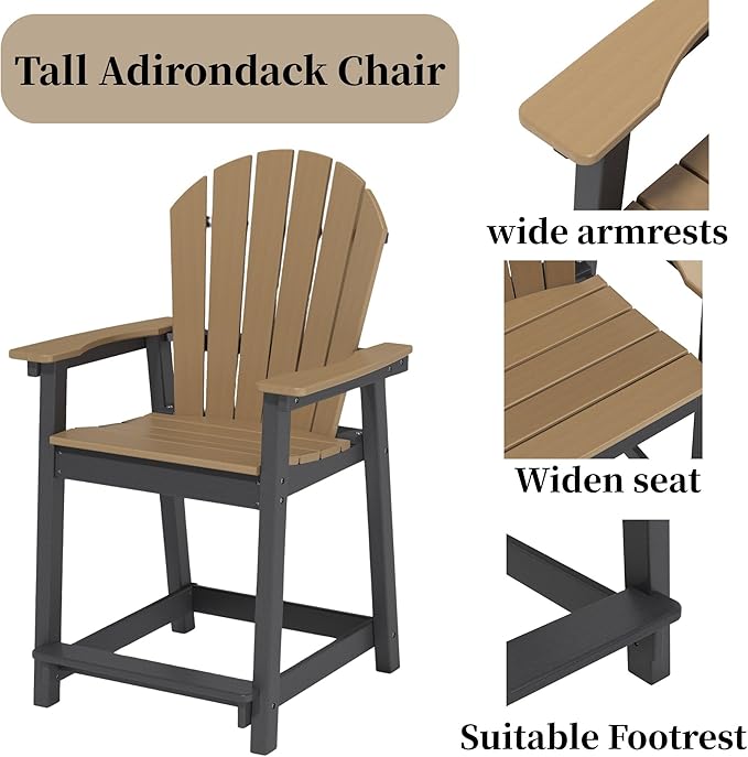 Outdoor Tall Adirondack Chair, HDPE Weather Resistant Outdoor Chair for Garden, Perfect for High Top Table & Chairs on Your Balcony, Capacity 400LBS, Brown