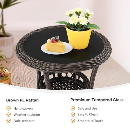 VINGLI Outdoor Wicker Side Table, Patio Side Tables for Outside Tempered Glass Top Wicker Table with Storage End Table for Balcony Porch Deck (Dark Brown)