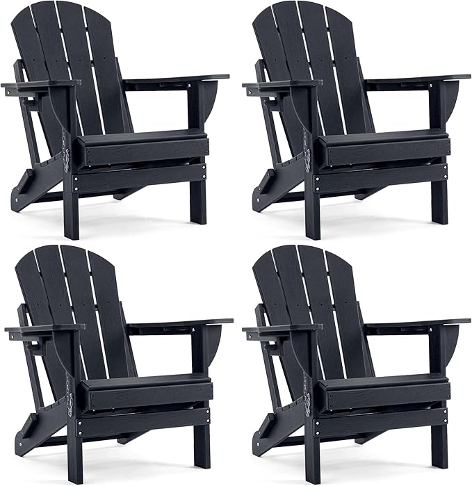 Folding Outdoor Adirondack Chairs Set of 4 with High&Reclining Back-HDPE Weather Resistant Patio Chairs with Cup and Phone Holder for Patio,Fire Pit, Garden and Backyard