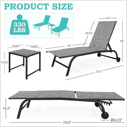 EROMMY Patio Chaise Lounge Chair Set of 2 with Table, Adjustable Backrest & Wheels, Oversized 26" W Outdoor Poolside Recliners for Garden, Deck, Lawn, Backyard
