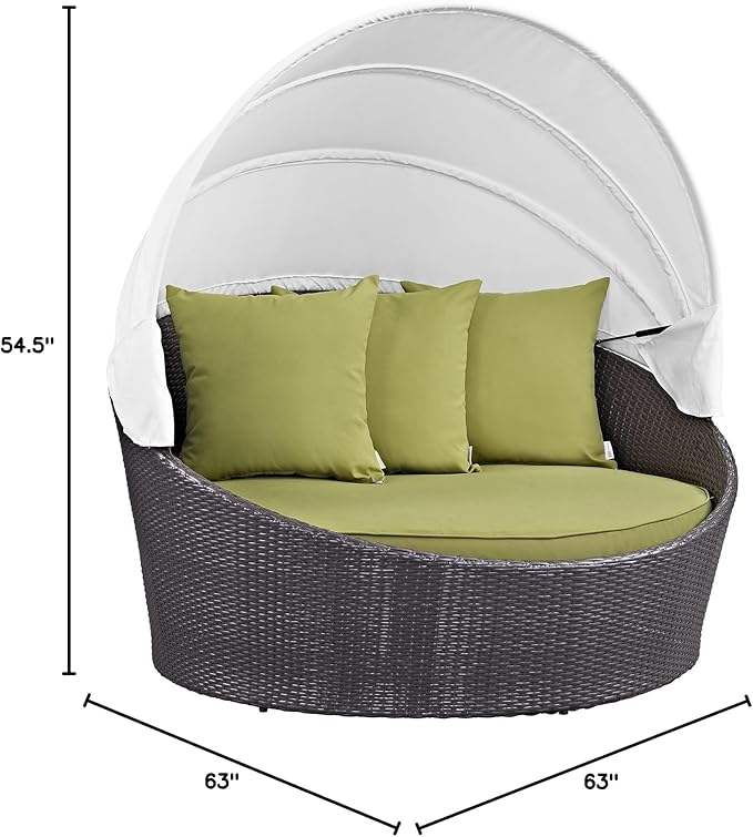 Modway Convene Wicker Rattan Outdoor Patio Retractable Canopy Round Poolside Sofa Daybed in Espresso Peridot