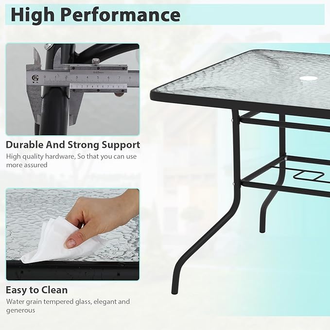 MKDLUFEI 32 Inch Umbrella Table with Hole, Outdoor Square Patio Table with Tempered Glass Top, for Balcony, Backyard - Photo 5