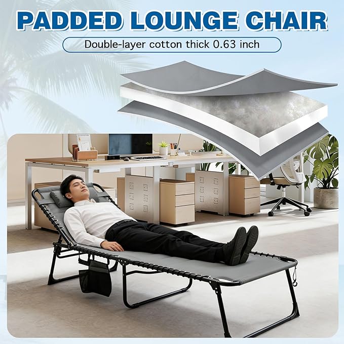 Outdoor Folding Lounge Chair with Removable Canopy & Pillow, Padded Reclining Chaise Lounge Chair 5-Position Heavy Duty Beach Chair for Patio, Beach, Pool, Camping