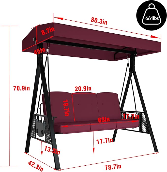 MUPATER Patio Porch Swing Chair with Canopy, 3-Person Outdoor Canopy Swing Glider with Stand, Cushions and Side Table for Outside, 2-in-1 Swing Chair Bench with Cushion for Backyard,Wine Red
