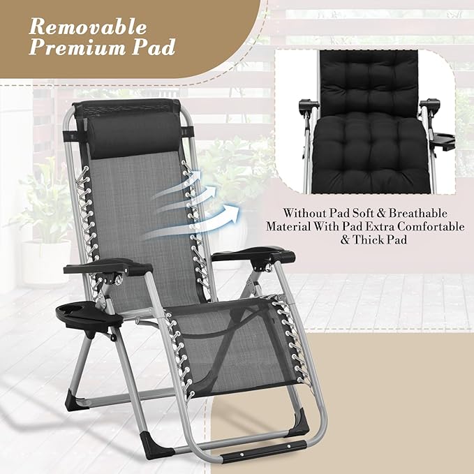 Athena Collection 3 in 1 Patio Lounge Chair Foldable Camping Chair with Headrest Chaise Lounge Nap Chair with Removable Thick Cushion Reclining Beach Sleeping Chair for Indoor and Outdoor, Black