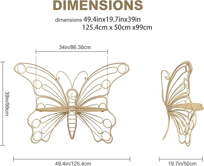 Pink Butterfly Benches Outdoors, Pretty Garden Bench & Cute Metal Outside Bench, Front Porch Benches Outdoor with Sturdy Frame for Lawn Yard Balcony (Brown)