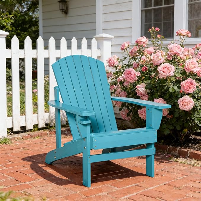Folding Adirondack Chair, Weather Resistant Outdoor Patio Chair with Cup Holder for Lawn, Backyard, Poolside(Blue)