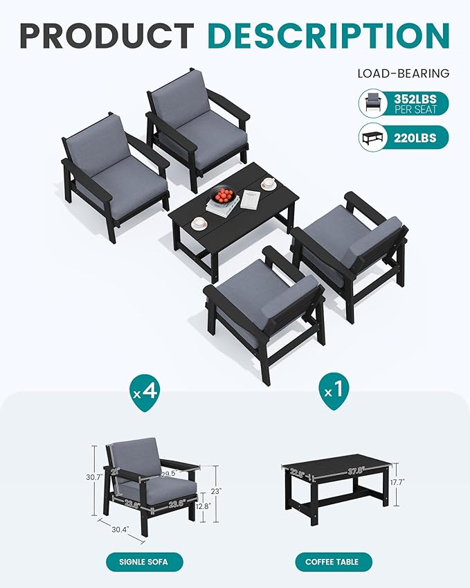 SERWALL Outdoor Patio Furniture Set, 5 Piece HDPE Patio Conversation Sets - Photo 2