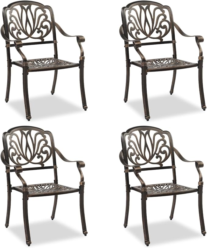 VINGLI Outdoor Dining Chairs Set of 4 Aluminum Patio Chairs, Cast Aluminum Patio Furniture Aluminum Outdoor Chairs for Backyard, Poolside, Balcony Bronze (4, Elizabeth Back Without Cushion)