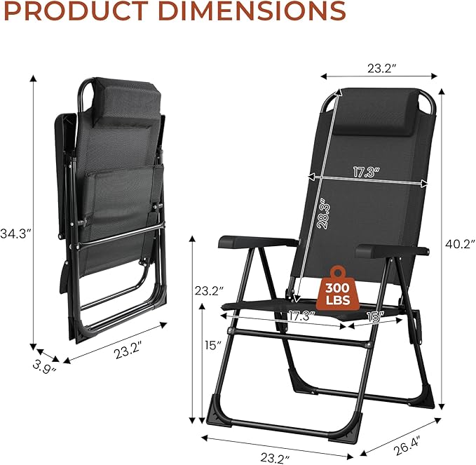 TLSUNNY Folding Patio Chairs Set of 4, Outdoor Lawn Chair w/ 5 Level Adjustable Teslin Back, Removable Headrest - Photo 3