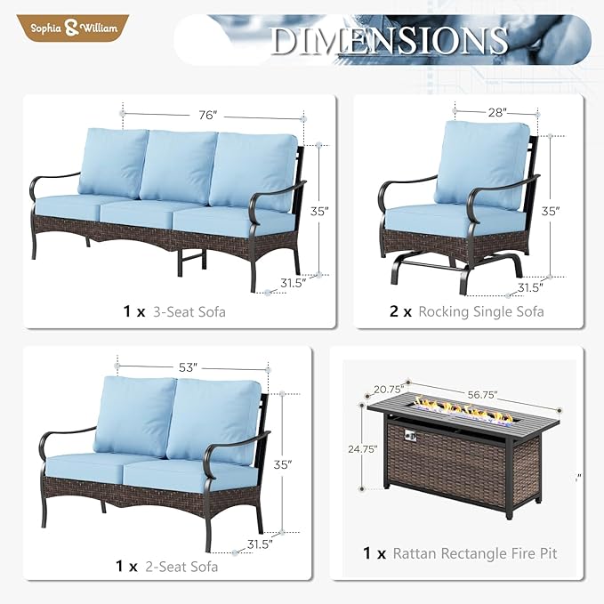 Sophia & William Patio Furniture Set, 5 Piece Metal Outdoor Conversation Set with 3-Seater Outdoor Couch, 2 Sofa Chairs - Photo 7
