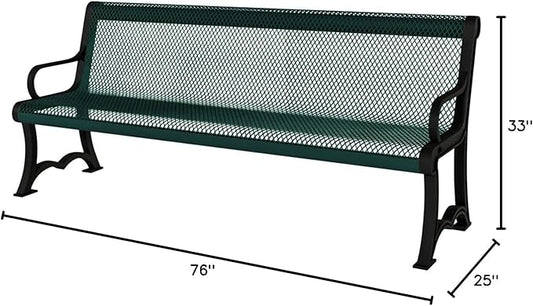 COATEDOUTDOORFURNITURE Heavy-Duty Outdoor Bench Thermoplastic Coated, Expanded Metal, Commercial-Grade Garden Bench, Made in America (Portable with Back, 4 Ft, Textured Green)