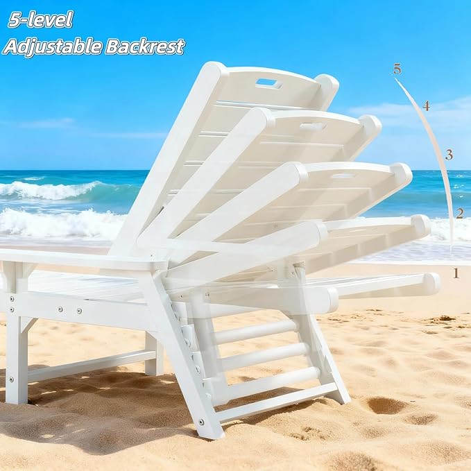 Psilvam Adjustable Chaise Lounge Chair - 350lb Capacity All-Weather Poly Lumber Recliner for Poolside, Patio, Porch - White