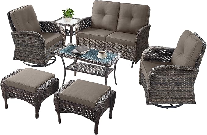 7 Pieces Patio Furniture-Patio Swivel Chairs Set of 2 Outdoor Glider Bench Rocking Chair with Patio Ottomans Patio Conversation Sets for Deck Porch Garden Balcony Poolside-Brown/Grey