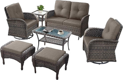 7 Pieces Patio Furniture-Patio Swivel Chairs Set of 2 Outdoor Glider Bench Rocking Chair with Patio Ottomans Patio Conversation Sets for Deck Porch Garden Balcony Poolside-Brown/Grey