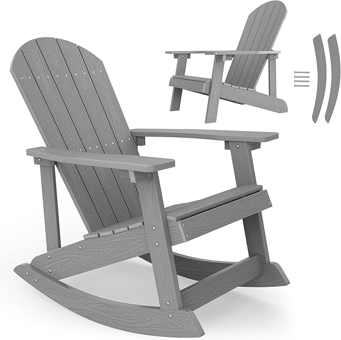 YEFU Outdoor Rocking Chair,Adirondack Rocking Chair,Patio Rocker Chair with Wide Back,Oversized Rocker Chair Look Like Real Wood, for Lawn, Porch, Backyard, Indoor and Garden(Grey)