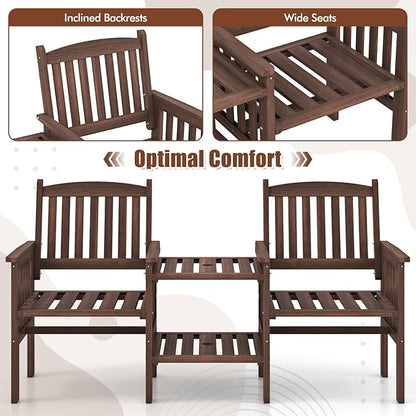 Tangkula Outdoor Fir Wood Loveseat with 2-Tier Side Table and Umbrella Hole, 2-Seater Patio Garden Bench with Armrests and Slatted Seats, Outdoor Table and Chairs Set for Porch and Balcony