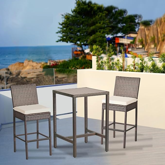 Outdoor Bar Table Patio Bar Height Bistro Table 39" Tall Outdoor High Top Square Pub Patio Table Wicker Rattan Metal Dinning Bar Table with Adjustable Feet for Balcony Outside Pool Deck Backyard Brown