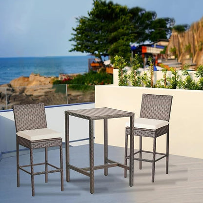 Outdoor Bar Table Patio Bar Height Bistro Table 39" Tall Outdoor High Top Square Pub Patio Table Wicker Rattan Metal Dinning Bar Table with Adjustable Feet for Balcony Outside Pool Deck Backyard Brown