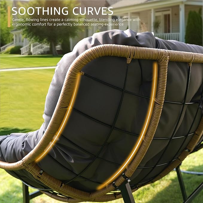 NICESOUL Oversized Double Rocking Papasan Chair with Cushion, 2 Person Big Wicker Outdoor Comfy Recliner, Large Heavy Duty 700 lbs Loveseat for Patio, Balcony, Backyard (Grey, 2 Seats w/Ottoman)