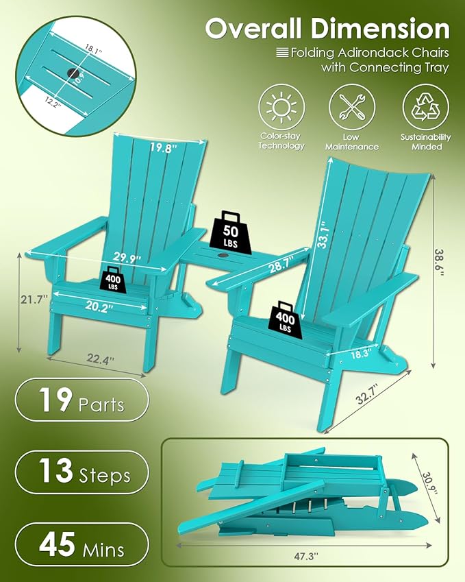 GREENVINES Folding-Adirondack-Chairs-Set-of-2 | HDPE Plastic | Arch Series | Fire Pit Chair | with Connecting Tray | Removable Table | All Weather | for Outdoor Patio Deck Poolside | Aqua