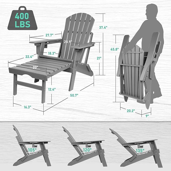 FUNBERRY Adjustable Folding Adirondack Chair with Retractable Ottoman, All Weather Fire Pit Chairs with Cup Holder