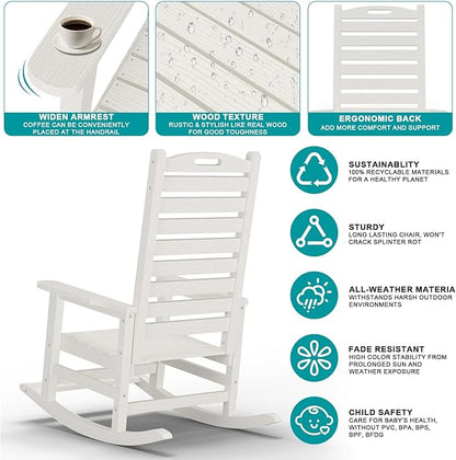 PLUUV Outdoor Rocking Chair with Removable Footboard for Adults, HDPE High Back Patio Rocking Chairs, 330lbs All Weather Porch Rocking Chairs for Outdoor & Indoor -White