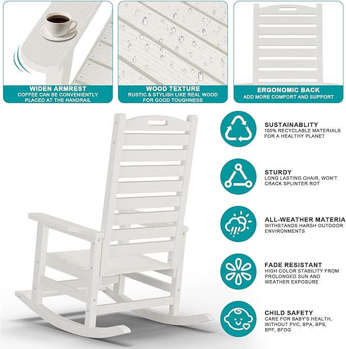 PLUUV Outdoor Rocking Chair Set of 2 with Removable Footboard for Adults, HDPE High Back Patio Rocking Chairs, 330lbs All Weather Porch Rocking Chairs for Outdoor & Indoor -White