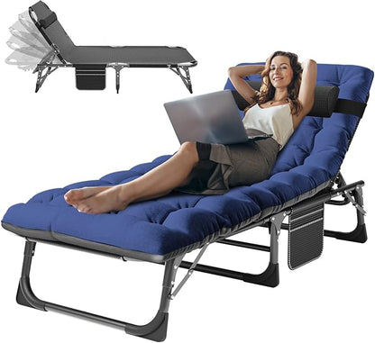 ABORON 3-in-1 Folding Patio Lounge Chair, 440LB Heavy-Duty Tri-Fold Guest Bed with Plush Cotton Cushion, No Assembly Adjustable Recliner for Office Nap, Patio Sunbathing, Poolside & Camping