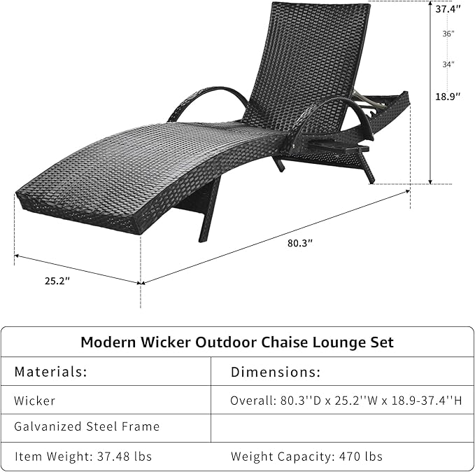 80.3" Chaise Lounge Outdoor Set of 4, Wicker Pool Lounge Chairs Outdoor with Pull-Out Side Table - Photo 2