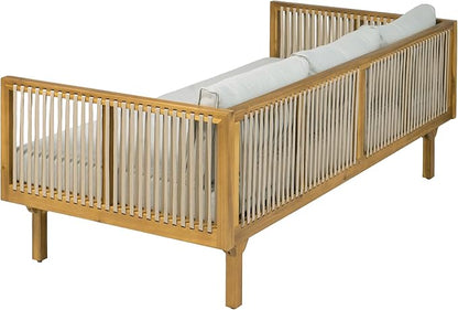 Merax Acacia Wood Outdoor Patio Loveseat Sofa w/Coushion and & Light Brown Rope, 3-Seater Sofa Daybed for Backyard, Lawn, Deck, Balcony, Water Repellent Fabric, 600 lbs Capacity,Teak +Light Gray