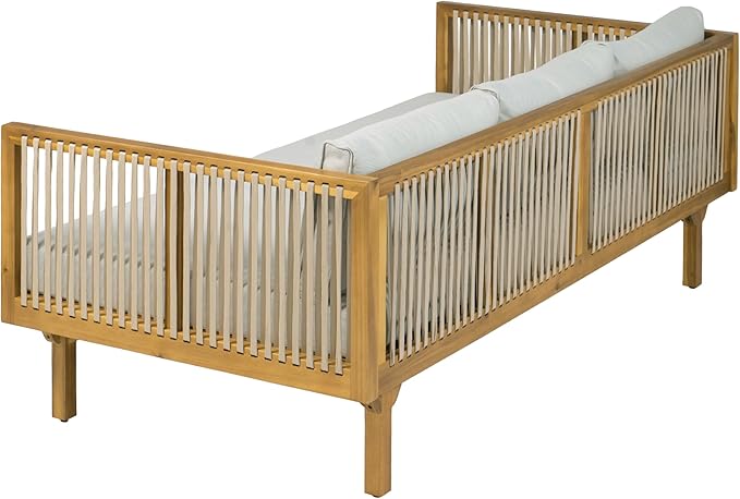 Merax Outdoor Acacia Wood Conversation Set - Patio 3-Seat Loveseat Sofa w/Coushion and Round Coffee Table for Backyard - Photo 9