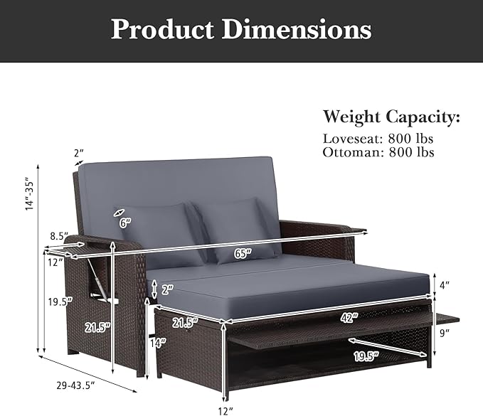COSTWAY Patio Rattan Daybed with Cushions, Outdoor Wicker Loveseat Sofa with Storage Ottoman - Photo 3