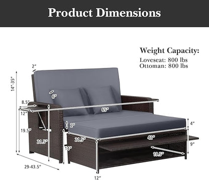 LDAILY Moccha Outdoor Daybed, Wicker Loveseat Sofa Set with 4-Postion Adjustable Backrest, Storage Ottoman, Cushions, Rattan Double Bed Lounger, Patio Furniture Set (Gray)