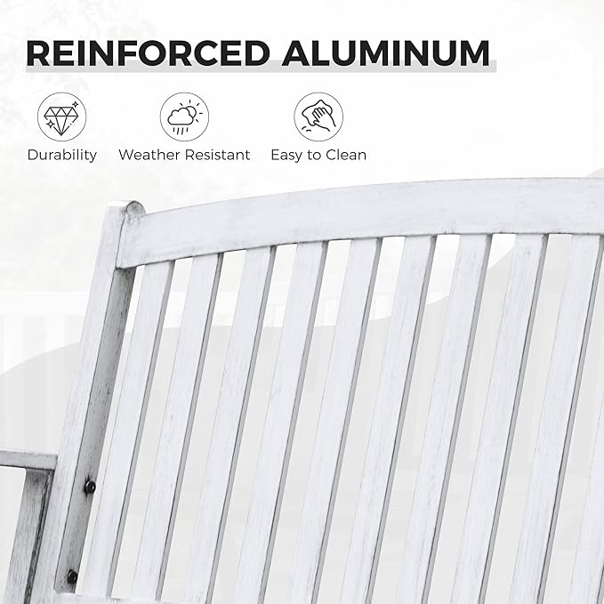 Grand patio 52" Farmhouse Outdoor Bench, Garden Benches with Rust Free Metal Powder Coated Frame and Aluminum Backrest, Faux Wood Grain Finish Frame Patio Bench for Front Porch,Gray-White