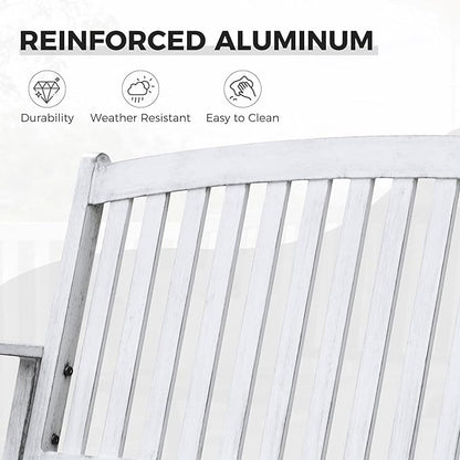 Grand patio 52" Farmhouse Outdoor Bench, Garden Benches with Rust Free Metal Powder Coated Frame and Aluminum Backrest, Faux Wood Grain Finish Frame Patio Bench for Front Porch,Gray-White