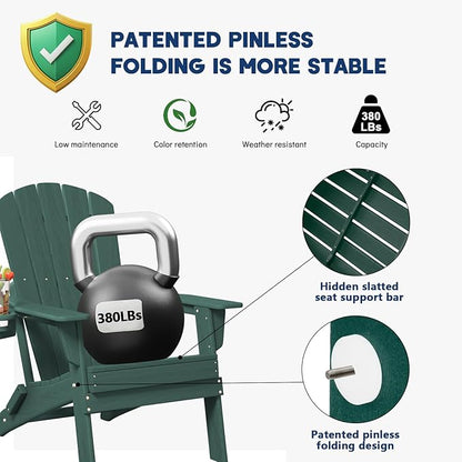 Plawdlik Folding Adirondack Chair Set of 6 with Cup Holder，Wooden Textured ，Heavy All-Weather HDPE Comfortable Set Poolside Backyard Lawn, Green