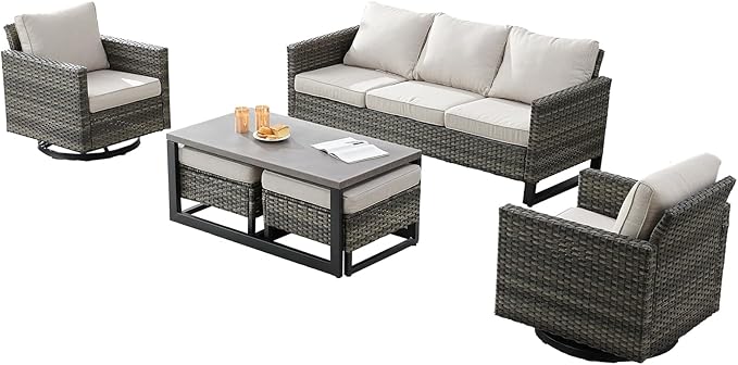 Wicker Outdoor Patio Furniture Set - 6 Piece Patio Conversation Set with 2 Swivel Rocker Chairs,2 Rattan Ottoman,1 Couch and 1 Metal Coffee Table for Outside Porch Deck Backyard(Mixed Grey/Beige)