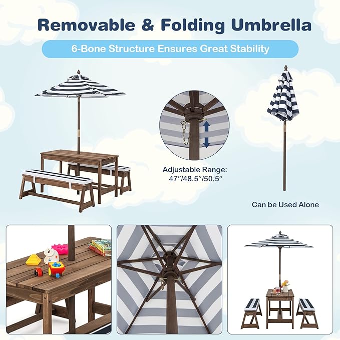 HONEY JOY Kids Picnic Table, Outdoor Wooden Table & Bench Set w/Removable Cushions and Umbrella, Stripe Fabric, Children Backyard Furniture for Patio Garden, Gift for Toddler Boys Girls Age 3+(Blue)