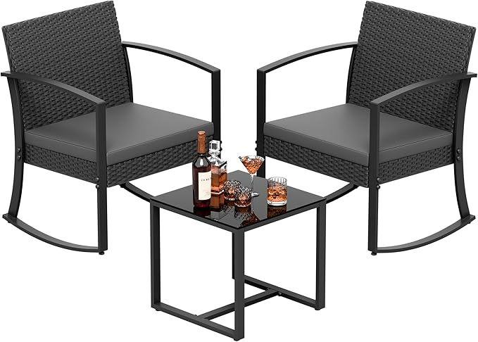 Greesum 3 Pieces Outdoor Furniture Set Patio Bistro Rocking Chairs with Glass Coffee Table for Pool Beach Backyard Balcony Porch Deck Garden, Gray