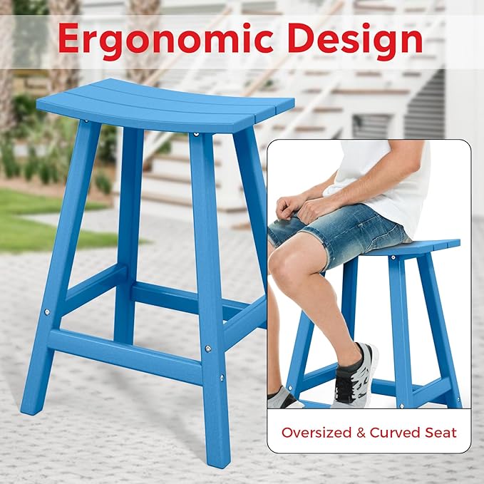 Costaelm All-Weather Bar Stools Set of 3, 24" Height Outdoor Bar Stools, Adirondack Poly Patio Bar Stool for Patio, Deck, Kitchen Counter and Garden, Pacific Blue